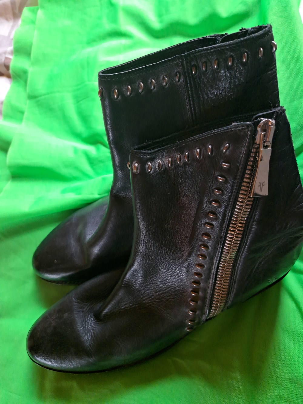 Frye Black Leather Studded Ankle Boots with Silver Zipper